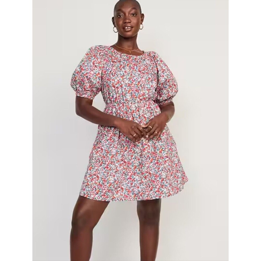 Old Navy Size Large Waist-Defined Puff-Sleeve Floral Cotton-Poplin Mini Dress
